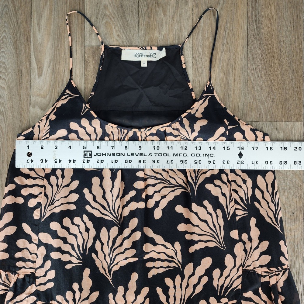 Diane von Furstenberg Black Peach Leaf Print Tiered Mini Dress Womens Medium M‎ - Picture 5 of 12